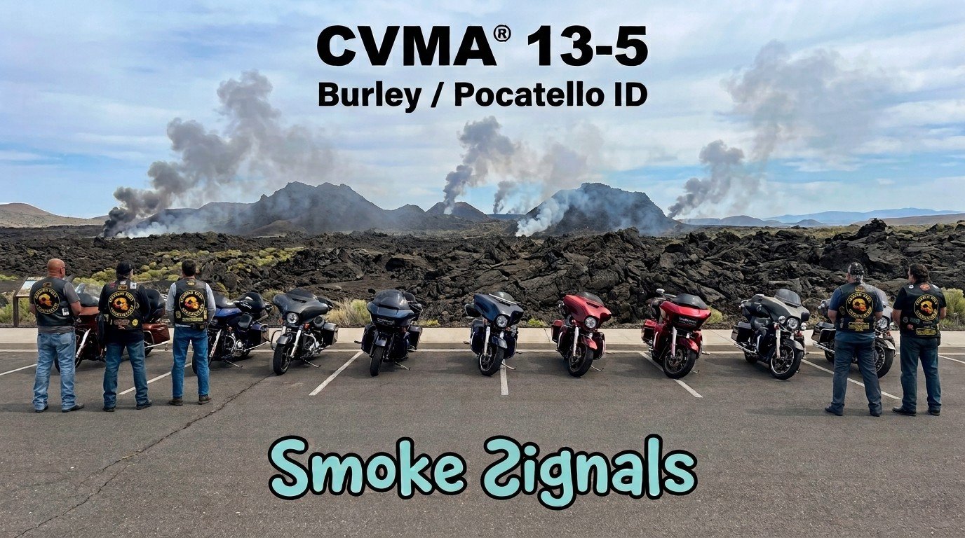 CVMA 13-5 members and motorcycles lined up at a lava field